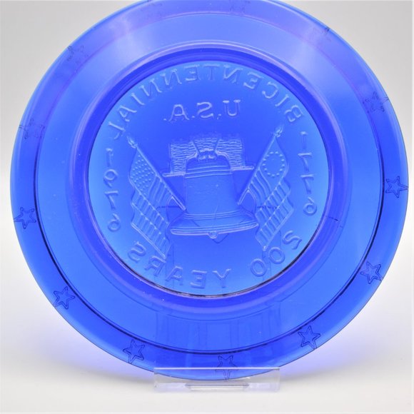 Bicentennial Cobalt Blue Small Glass Saucer Plate Decor w/ Liberty Bell & Flags - Picture 4 of 6